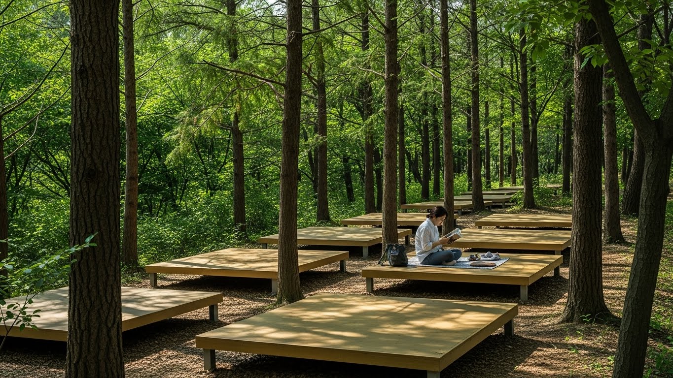 울창한 숲 그늘 아래 놓인 나무 평상에서 한 사람이 책을 읽으며 휴식하는 모습. 평화로운 숲속 휴식 공간을 보여준다.