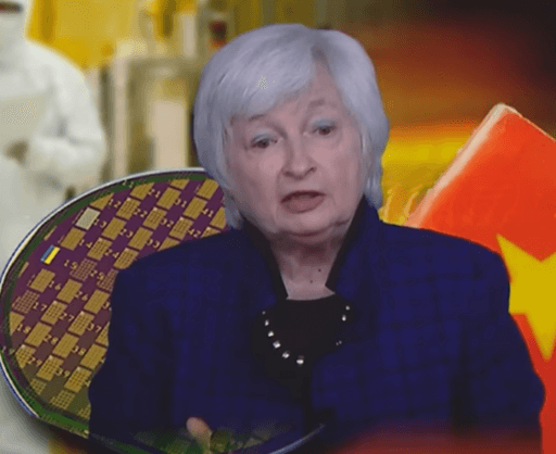 반도체 및 중국 국기 배경의 재닛 옐런 장관의 사진