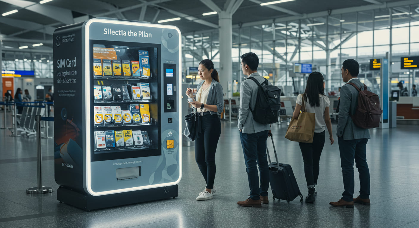 공항 터미널 유심 판매 기계와 여행객들