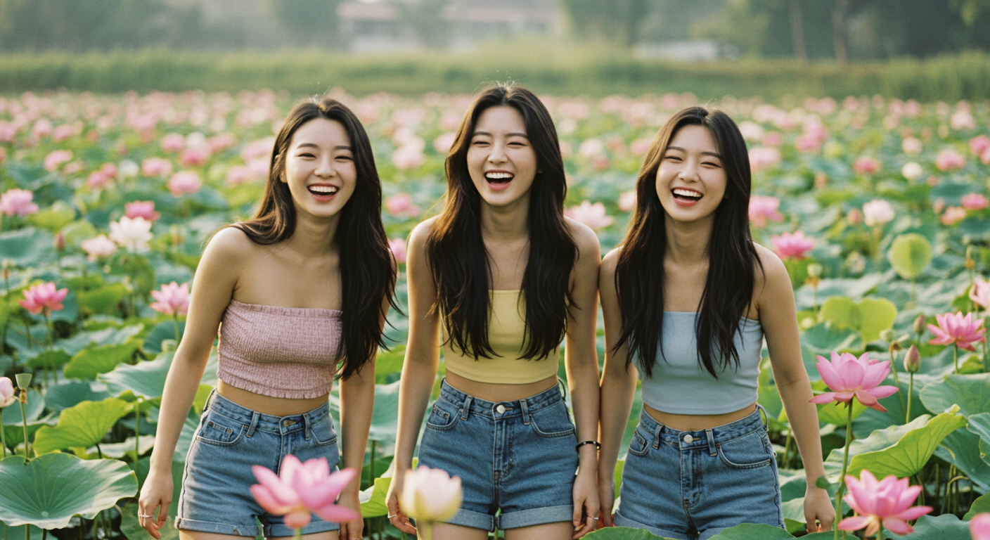 연꽃 구경을 하고있는 세 여자