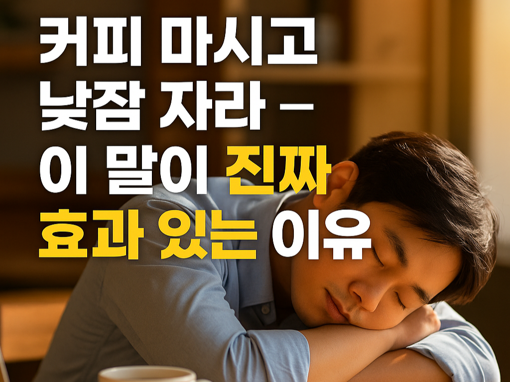 피를 마시고 낮잠 자는 직장인의 모습 – 카페에서 따뜻한 햇살을 받으며 팔베개를 한 채 잠든 장면. 커피 한 잔으로 피로를 회복하고 집중력을 높이는 카페인 낮잠 효과를 표현
