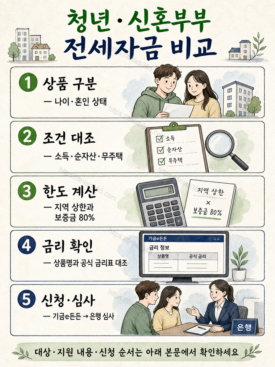 청년전용·신혼부부전용 전세자금 비교: 내 조건에 맞는 상품 확인 순서의 공식 대상, 지원 내용과 확인 절차를 깨끗한 한지 질감의 손그림으로 정리한 인포그래픽