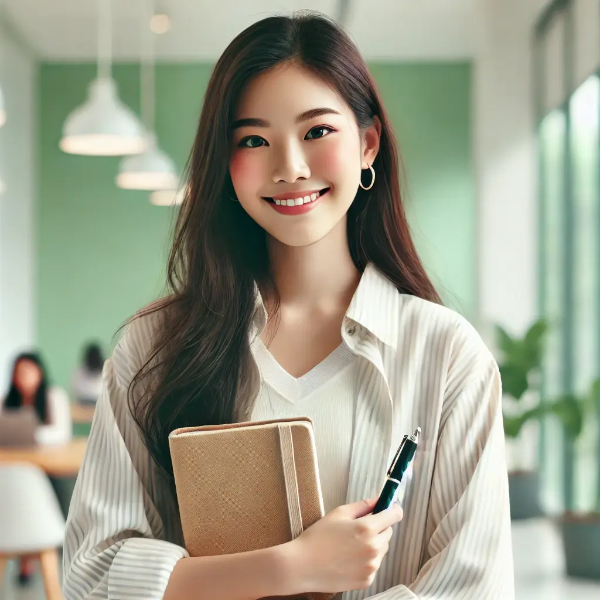 공유 오피스에서 노트북과 노트를 들고 자신감 있게 서 있는 젊은 동양 여성