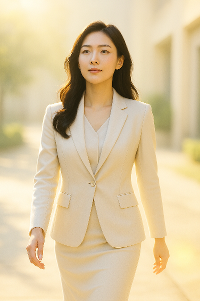 밝은 아침 햇살 아래, 맑고 당당한 표정으로 자신의 길을 걸어가는 단아하고 아름다운 전문직 한국 여성의 모습. 그 사람의 발걸음이 희망과 긍정의 에너지를 세상에 퍼뜨리는 듯한 이미지를 통해, 호연지기를 갖춘 삶의 아름다움을 표현한다.