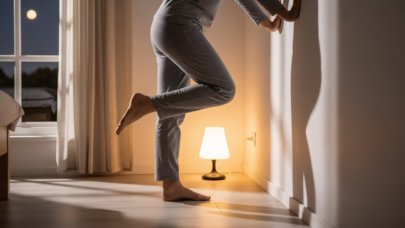 Gentle calf stretching before sleep to help prevent night leg cramps