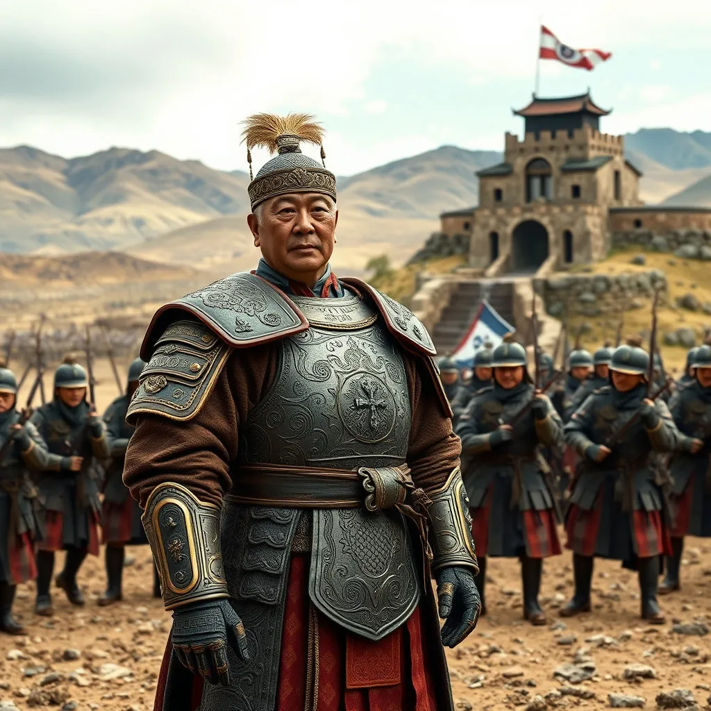 갑옷을 입은 연산군이 병사들과 함께 북쪽 국경의 험준한 성곽을 시찰하며 방어 체계를 점검하는 모습입니다. 병사들은 진지하게 훈련에 임하고 있으며, 저 멀리 변경의 황량한 풍경이 펼쳐집니다. 결연한 의지를 담은 표정의 연산군을 강조합니다.