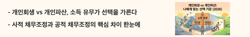 "개인회생 vs 개인파산, 소득 유무가 선택을 가른다 / 사적 채무조정과 공적 채무조정의 핵심 차이 한눈에"라는 문구가 포함된 웹배너 이미지. 이 이미지는 개인회생과 개인파산의 근본적 차이인 소득 유무 기준과 사적&middot;공적 채무조정의 구분을 시각적으로 전달하며, 블로그의 개인회생 개인파산 핵심 개념과 관련된 내용을 설명함.