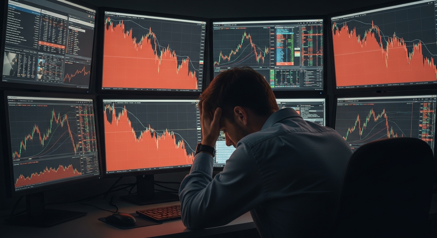 복잡한 주식 차트와 뉴스 피드를 보며 혼란스러워하는 주린이의 모습. 정보 과부하와 감정적인 매매로 인한 스트레스를 표현합니다.