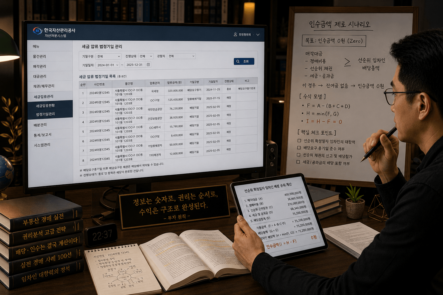 한국자산관리공사 자산처분 시스템 장부의 세금 압류 법정기일 데이터 표를 모니터에 띄워두고 선순위 확정일자 임차인의 배분 순위를 수식으로 연산하여 인수금액 제로 시나리오를 완성하는 투자자의 서재모습