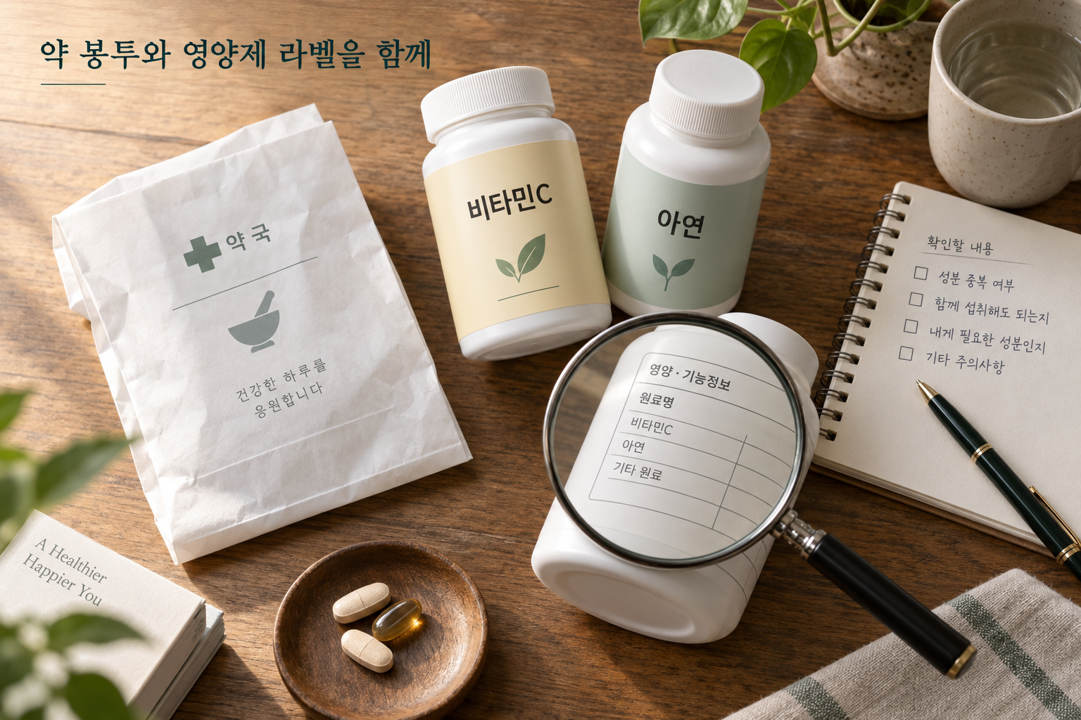 감기약과 비타민C 아연 영양제 성분을 함께 확인하는 준비물