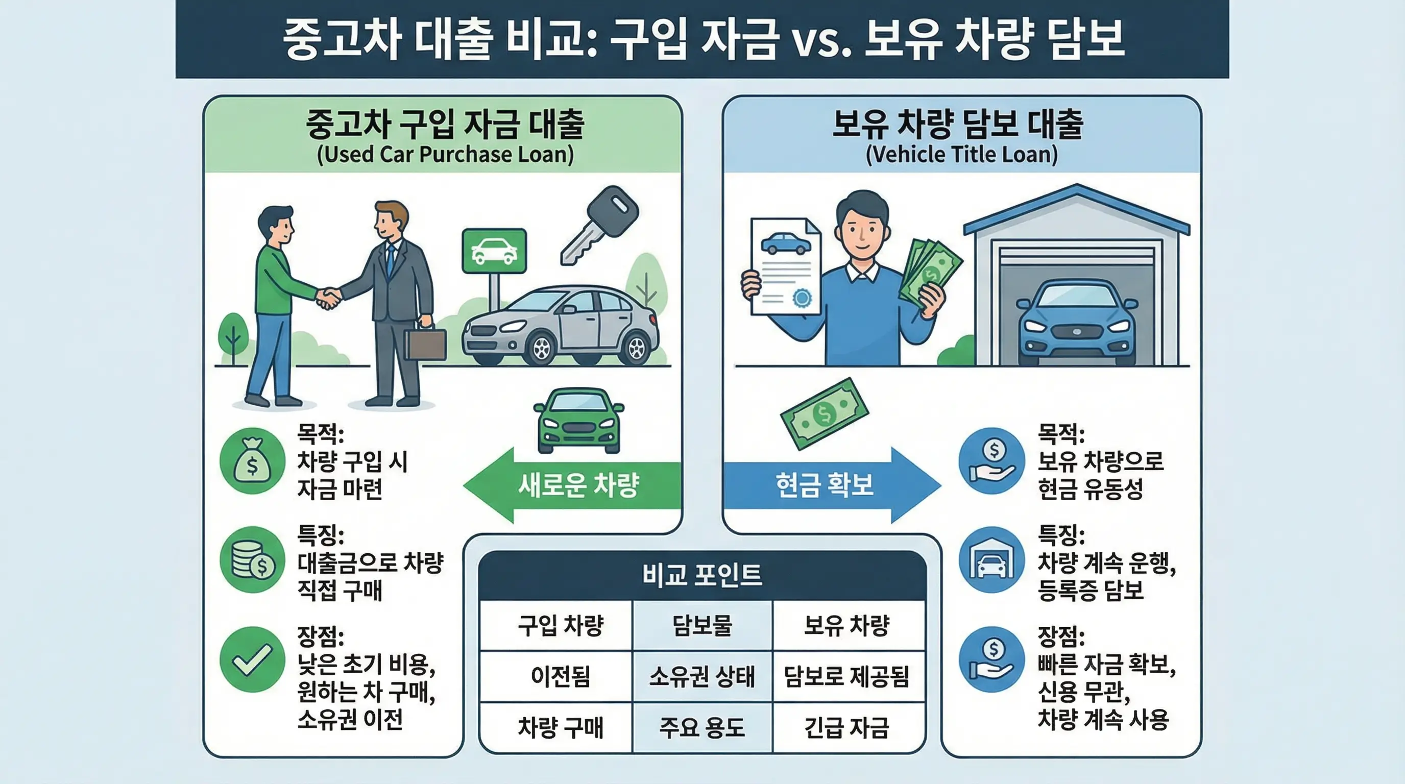 중고차 구입 자금 대출과 보유 차량 담보 대출의 차이점을 설명하고 각각의 장점을 비교하는 인포그래픽