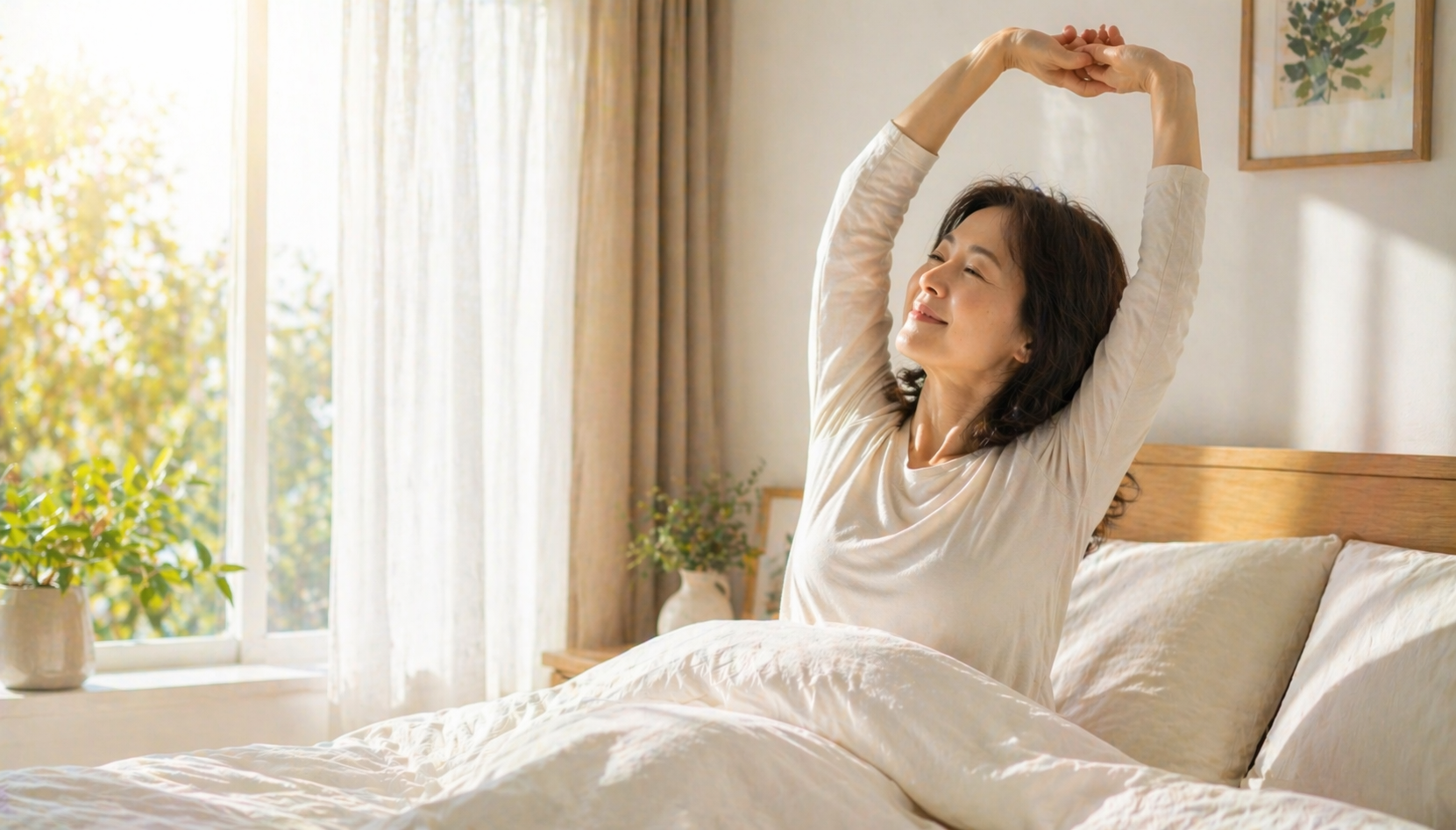 아침 햇빛을 받으며 침대에서 가볍게 스트레칭하는 40대 여성의 모습
