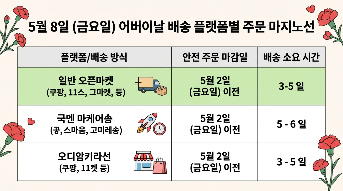 5월 8일 (금요일) 어버이날 배송 플랫폼별 주문 마지노선