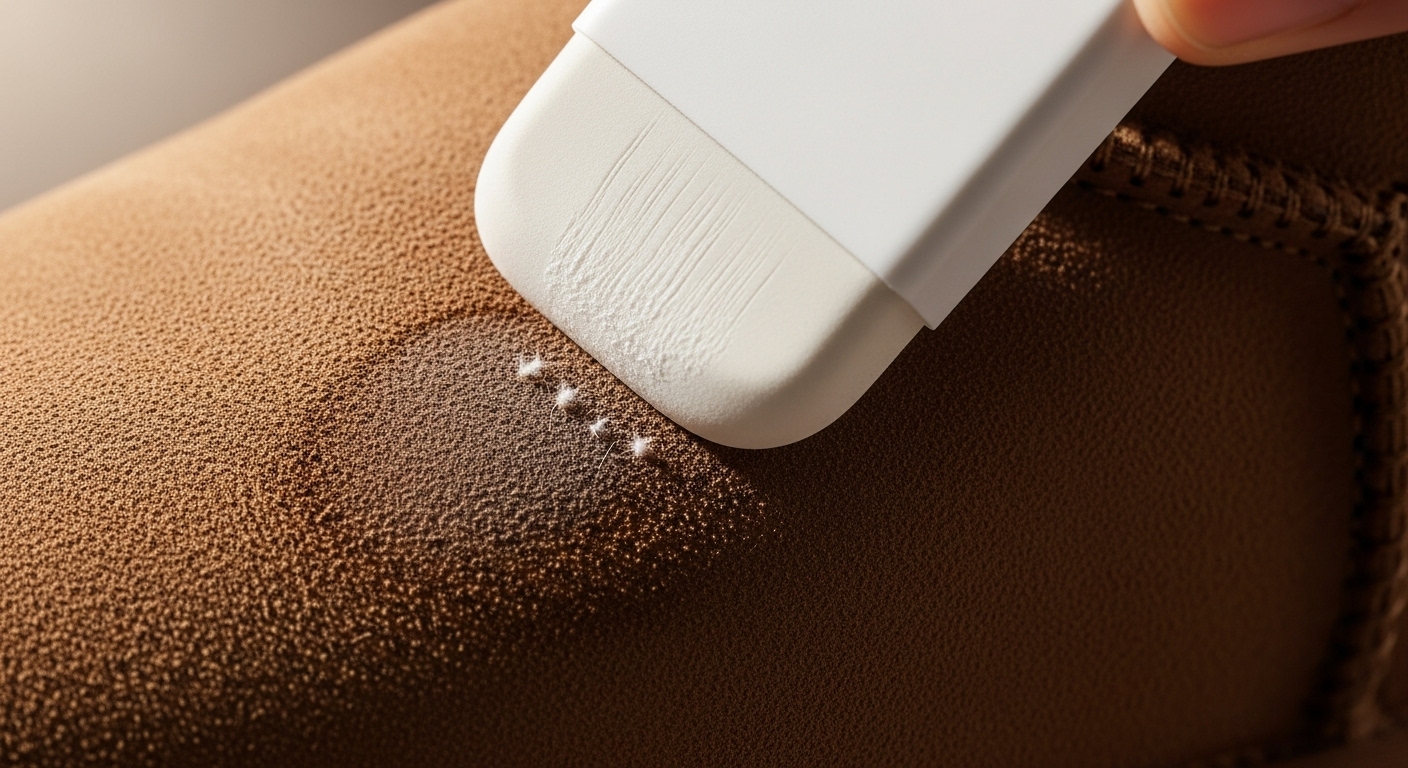 어그부츠의 옅은 물얼룩을 지우개로 문질러 제거하는 모습