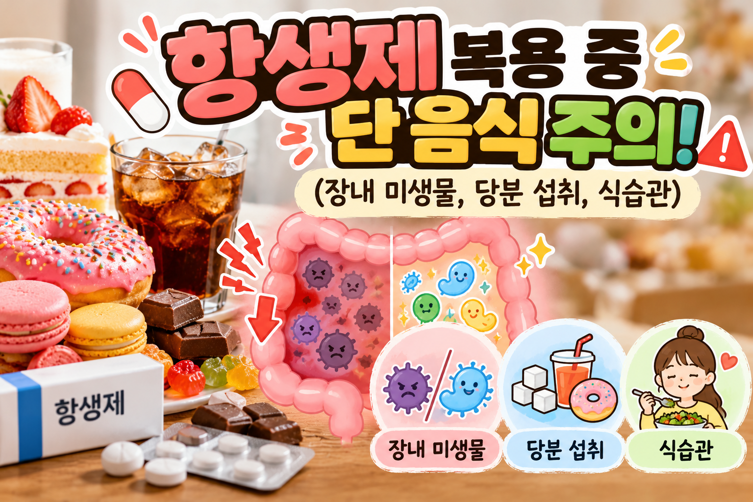 항생제 복용 중 단 음식 섭취가 장내 미생물과 장 건강에 미치는 영향을 소개하는 건강정보 썸네일 이미지. 항생제 약과 함께 도넛, 케이크, 초콜릿, 탄산음료 등 당분이 많은 음식이 배치되어 있으며, 장내 유익균과 유해균을 비교한 장 일러스트가 표현되어 있다. 하단에는 장내 미생물, 당분 섭취, 식습관을 상징하는 아이콘을 통해 항생제 복용 중 건강한 식습관의 중요성을 강조하고 있다.