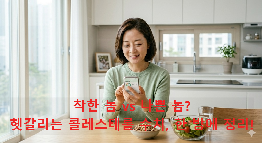 스마트폰으로 건강 수치를 확인하며 웃고 있는 한국인, 콜레스테롤 관리
