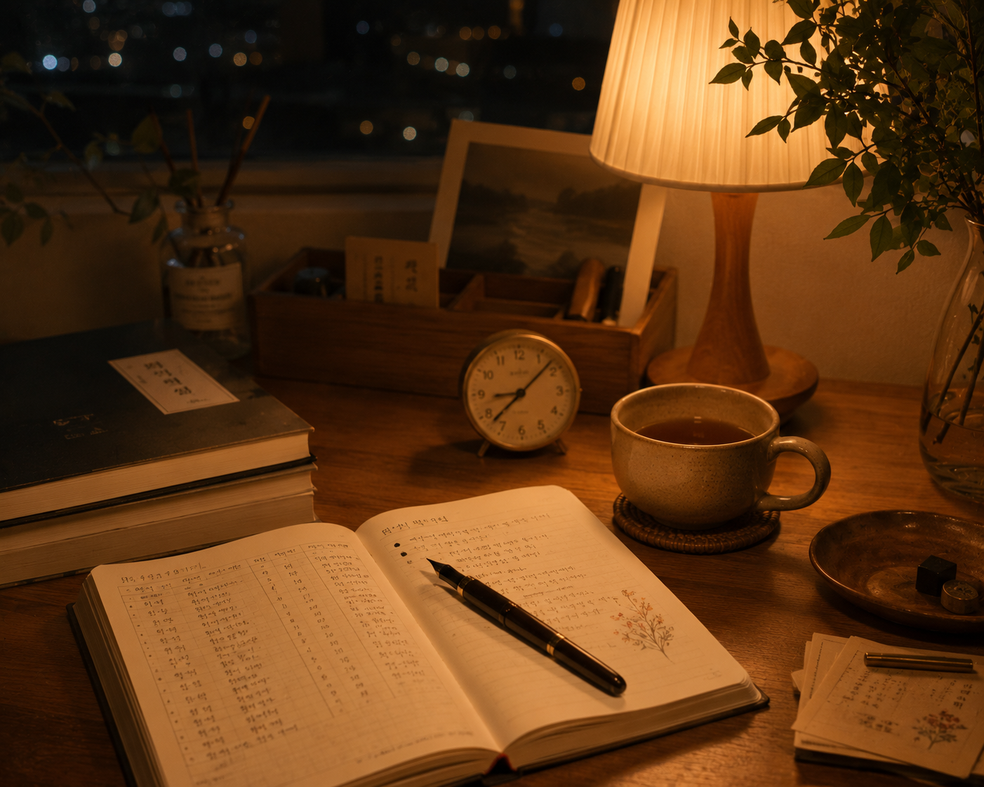 따뜻한 스탠드 조명 아래 손글씨가 적힌 일기장과 만년필, 탁상시계, 찻잔이 놓인 원목 책상의 밤 풍경