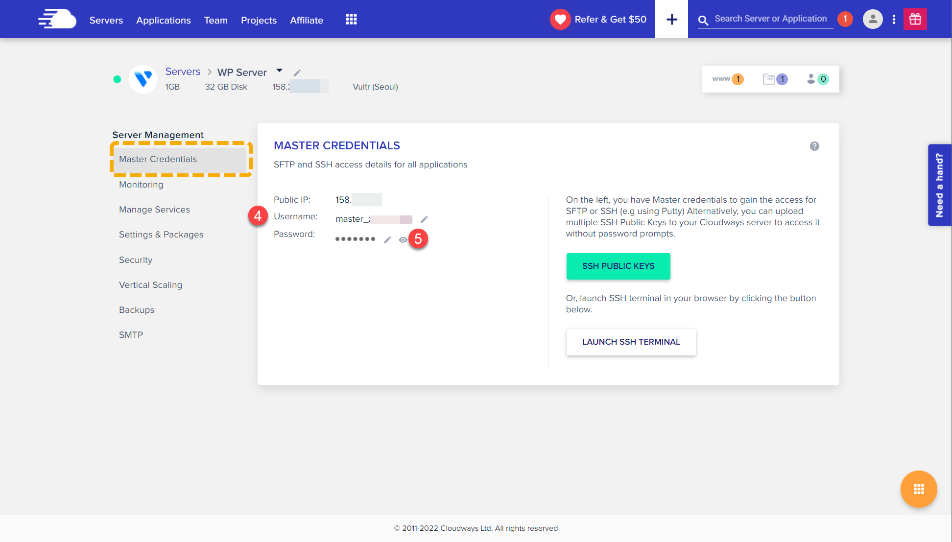 클라우드웨이즈: 워드프레스 마이그레이션 플러그인을 사용하여 사이트 이전하기 - 서버 정보