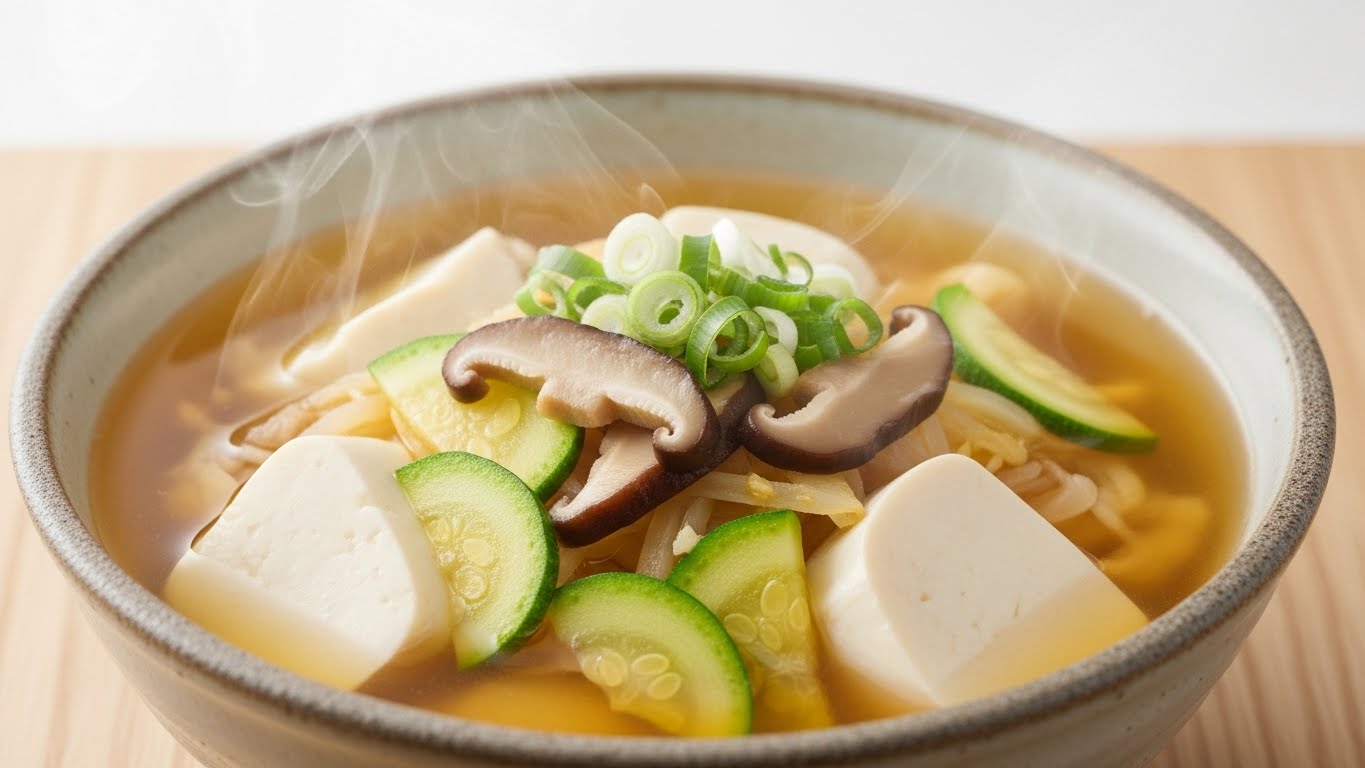 Warm Korean clear soup with tofu, zucchini, mushrooms, and green onions, a mild and comforting non-spicy dish