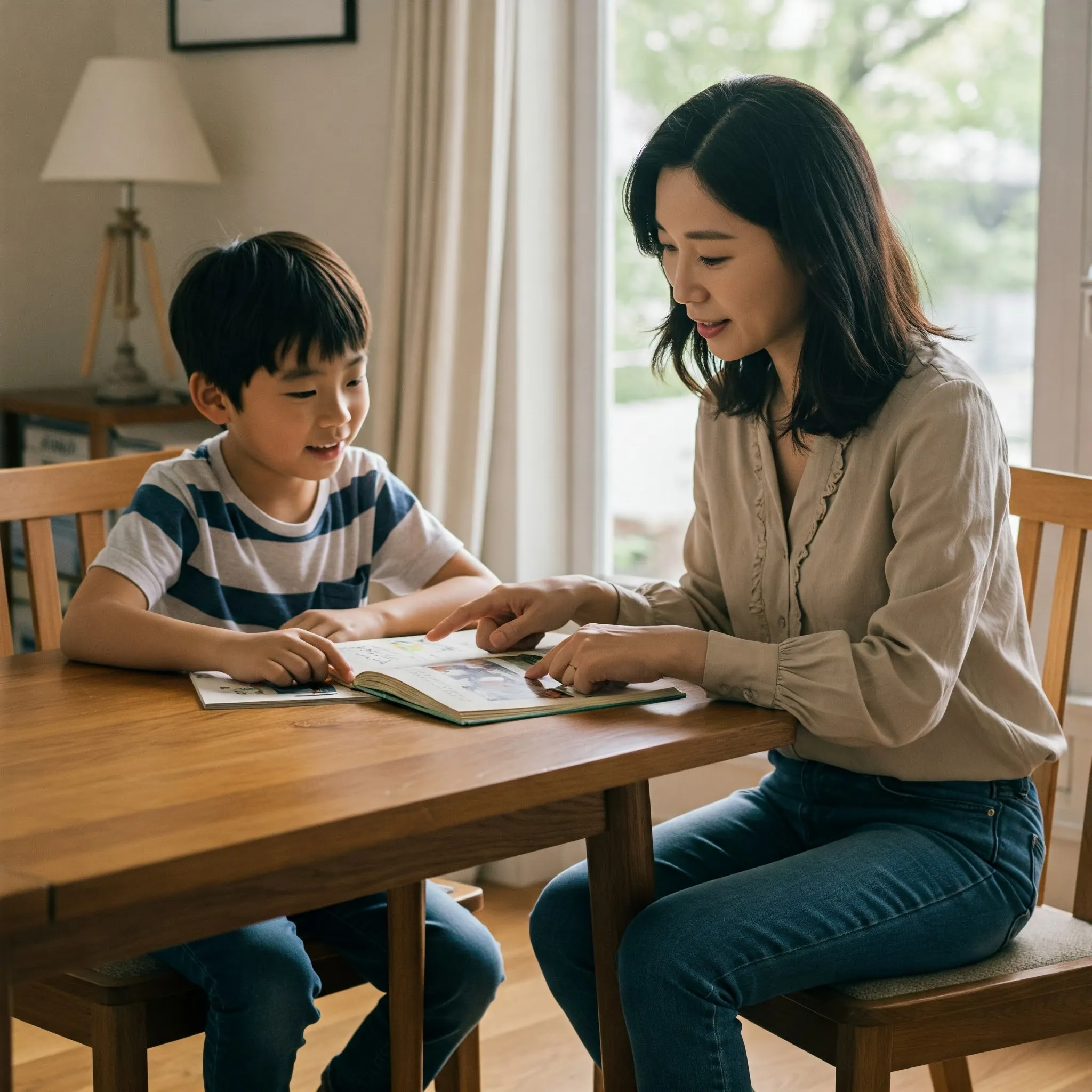 엄마와 책을 읽고 있는 초등학생 남자아이