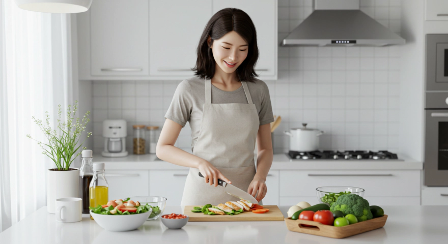 주방에서 샐러드와 닭가슴살 도시락을 준비하는 여성