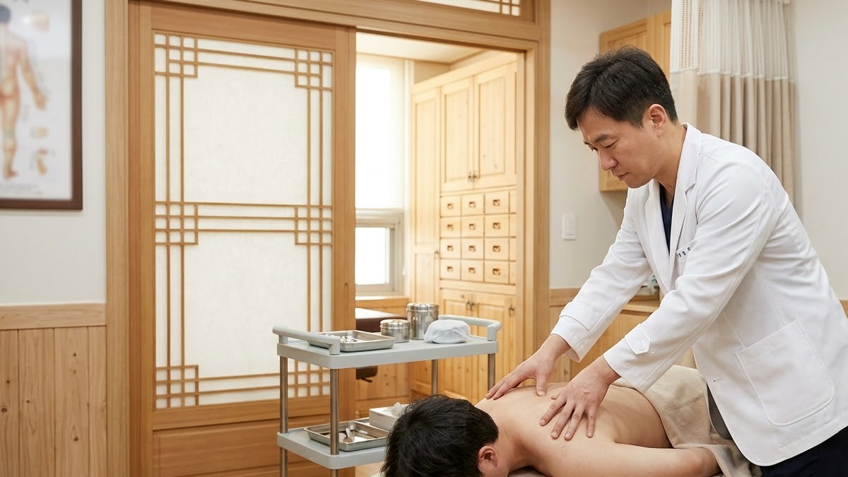 한의원 진료실에서 한의사가 환자의 날개뼈 주변을 촉진하는 모습