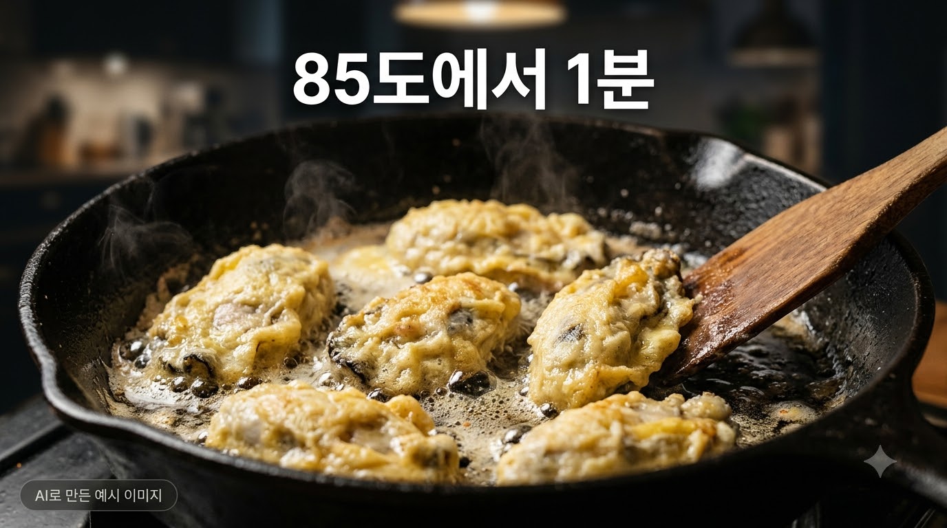 어두운 주방에서 무쇠 팬 위에서 지글지글 익는 굴전