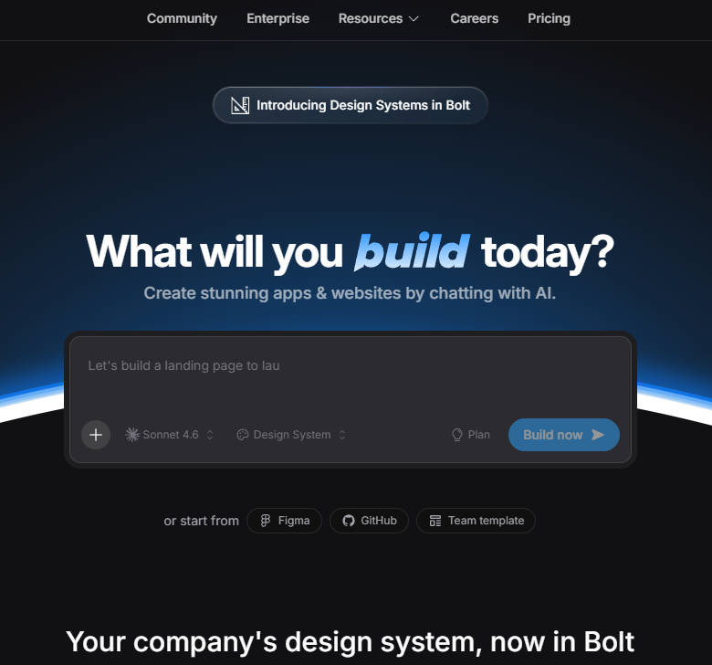 Bolt.new 메인 페이지의 프롬프트 입력 인터페이스 화면