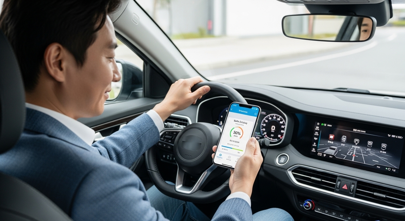 차량 안에서 스마트폰 내비게이션 앱의 안전운전 점수를 확인하며 만족스러워하는 40대 한국 남성 운전자
