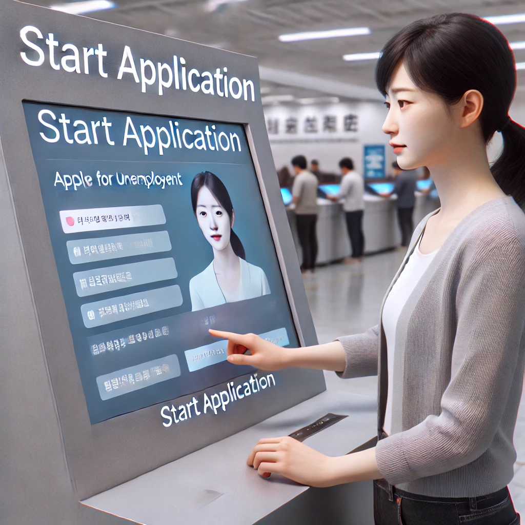 고용센터 키오스크에서 실업급여 신청 중인 20대 여성