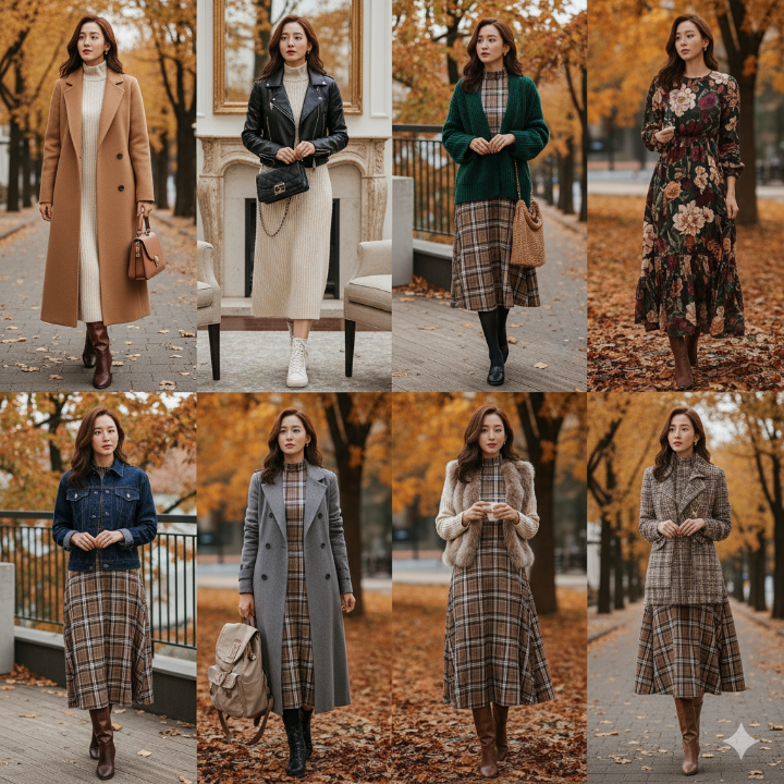 원피스에 다양한 아우터, 신발, 가방을 매치한 스타일링