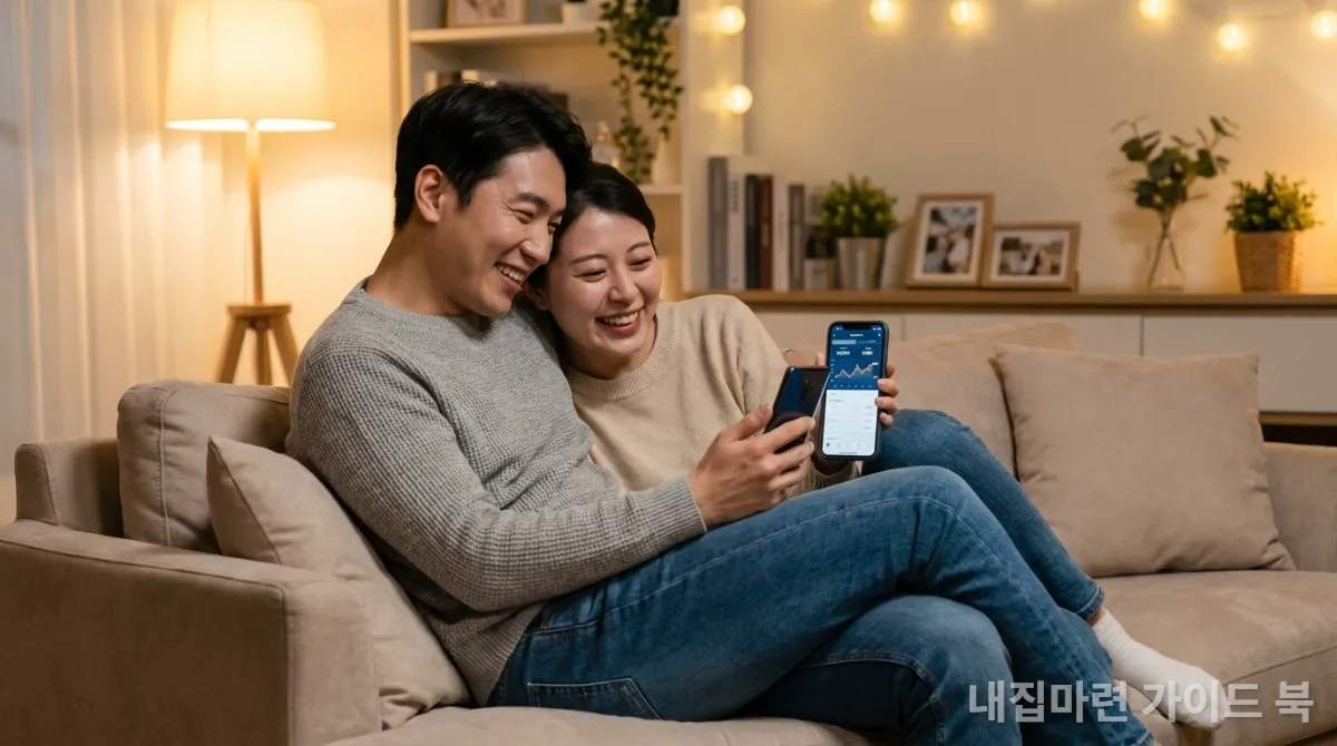 거실 소파에 앉아 스마트폰으로 재테크 앱을 확인하며 만족해하는 한국인 부부