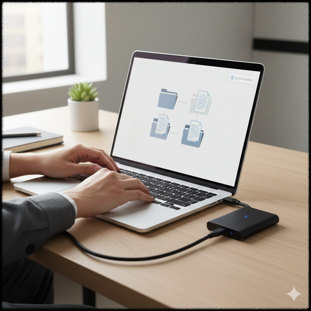 업데이트 전에 외장 하드를 연결하고 파일을 정리하는 모습