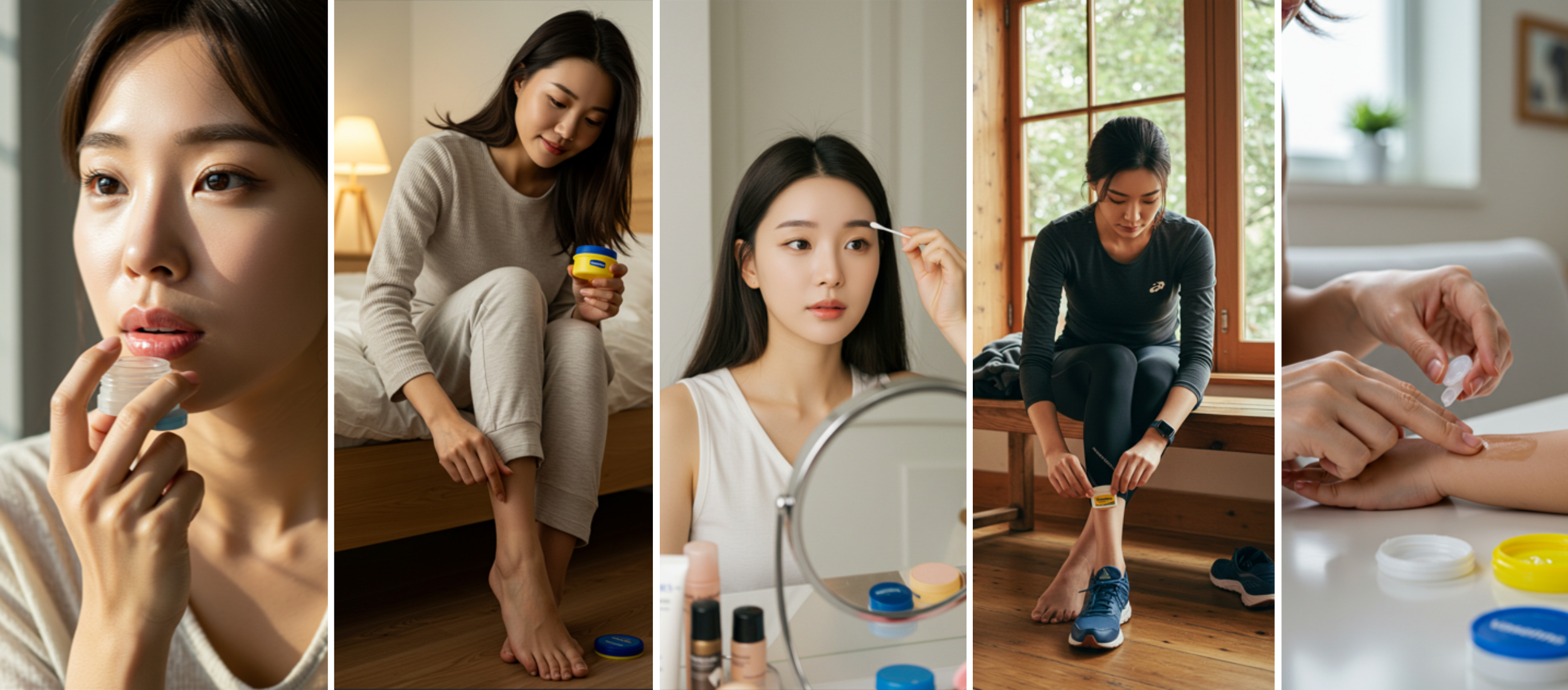 입술 보습, 손 발 보습, 눈썹 정리, 러닝화 마찰 부위 보호, 박은 찰과상 보호를 위해 바세린을 사용하는 모습