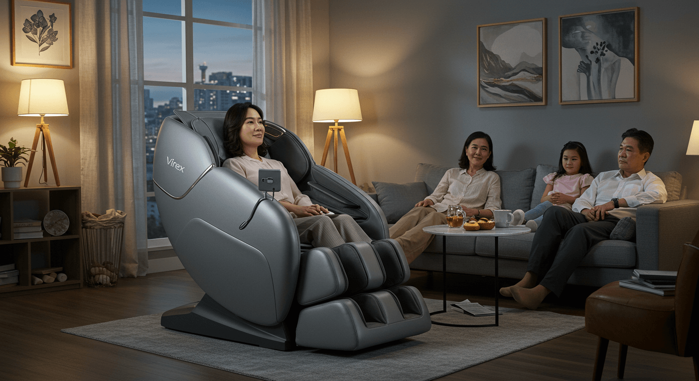 가족이 함께 거실에서 휴식을 즐기며 회색 안마의자가 중심이 되는 장면 1