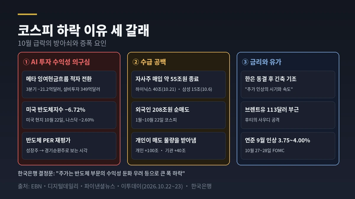 코스피 하락 이유 세 갈래 — AI 투자 수익성 의구심, 수급 공백, 금리와 유가