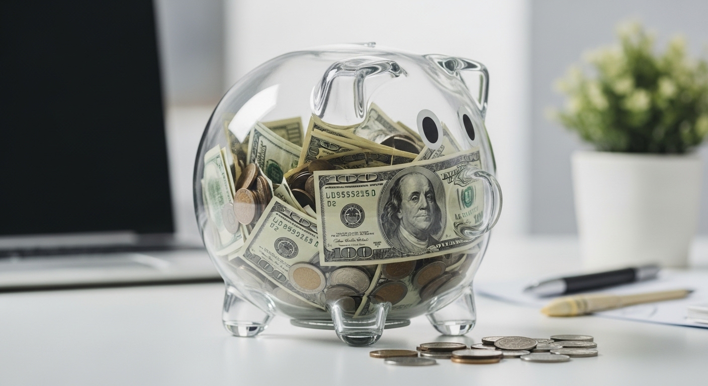 희망찬 미래를 상징하는 달러가 쌓인 저금통 이미지
