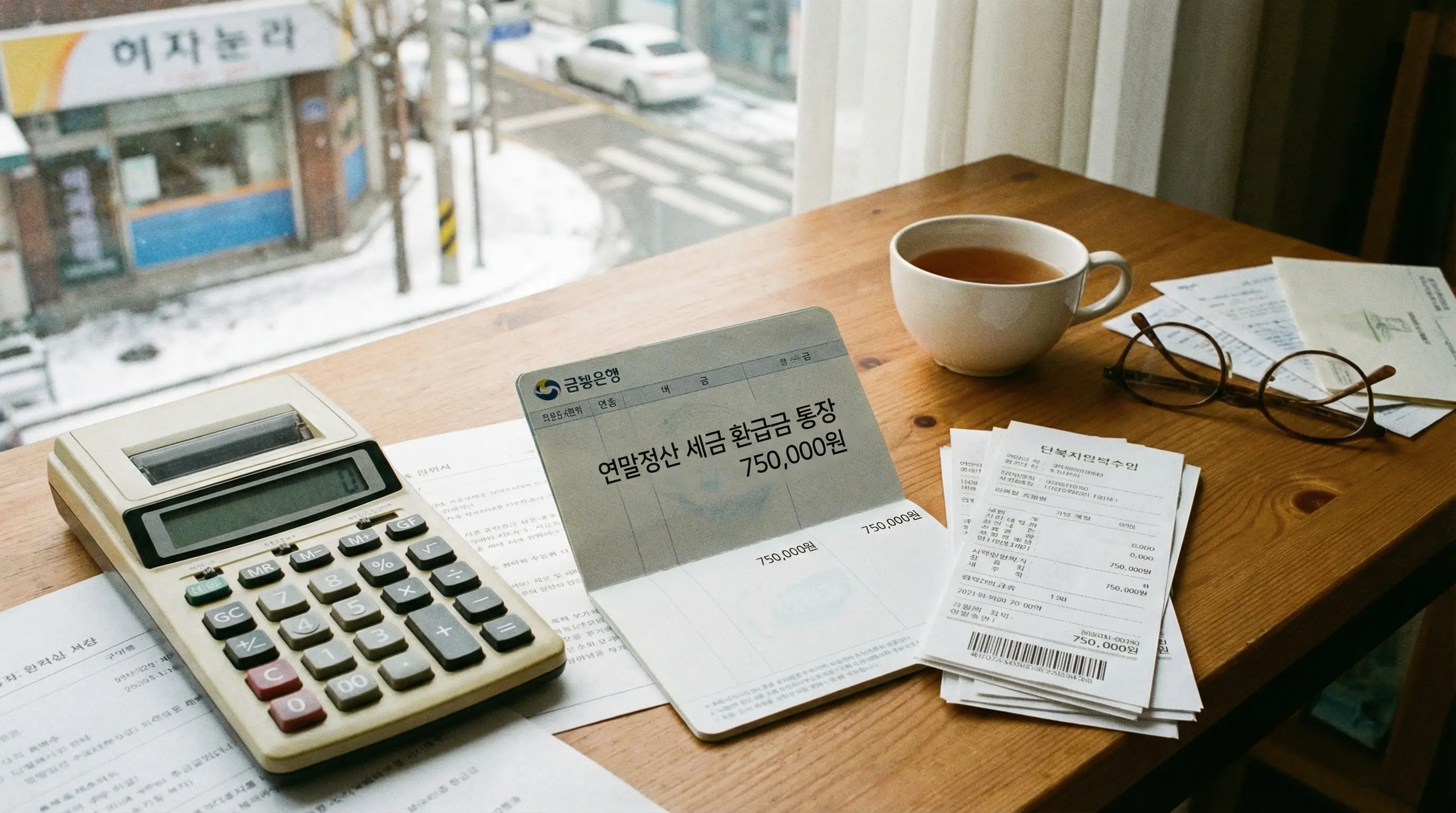계산기와 연말정산 세금 환급금 통장, 그리고 기부금 영수증이 놓인 책상 위의 모습