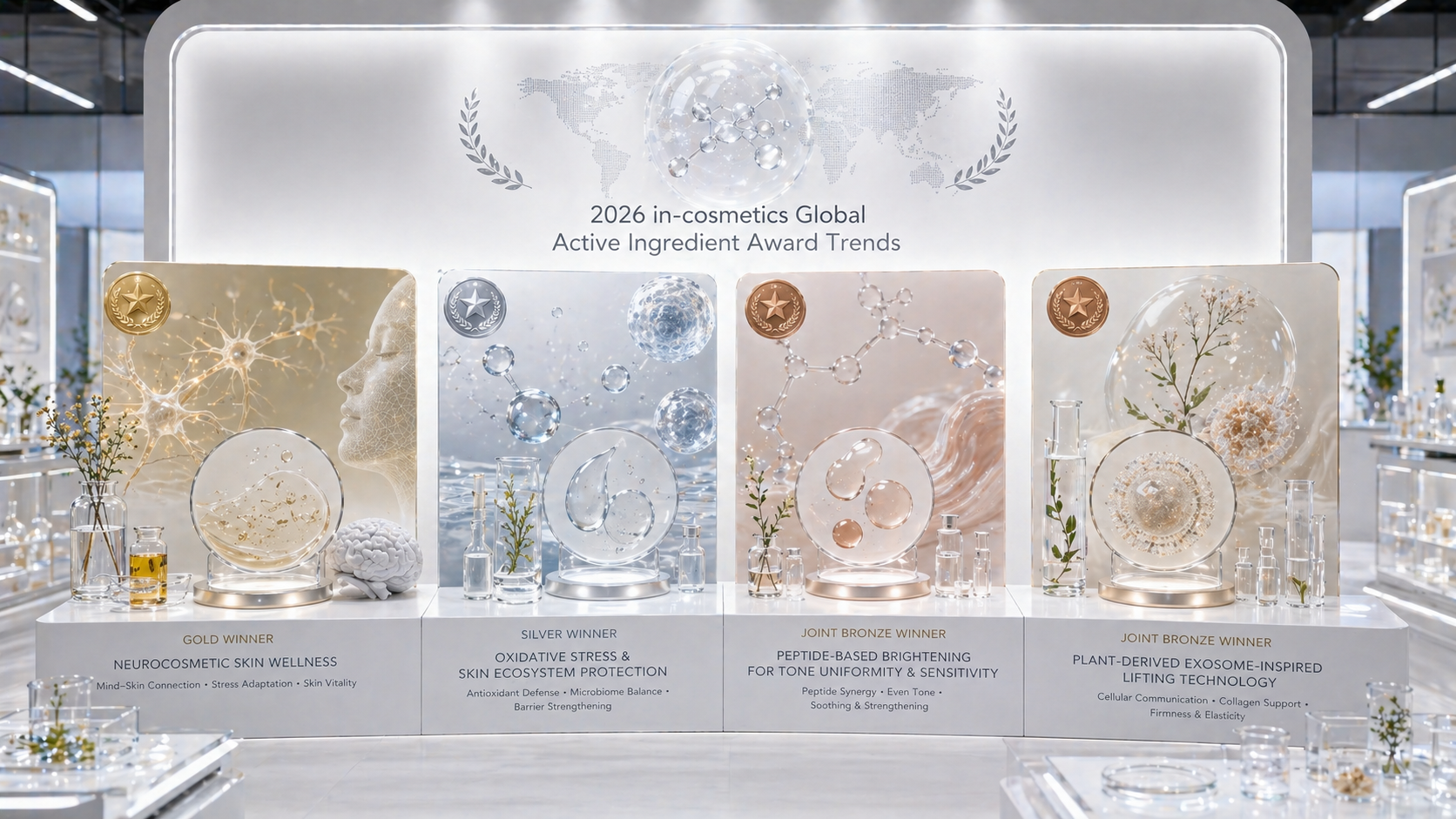 2026 in-cosmetics Global 액티브 원료 수상작과 화장품 바이오텍 트렌드를 설명하는 연구 콘셉트 이미지