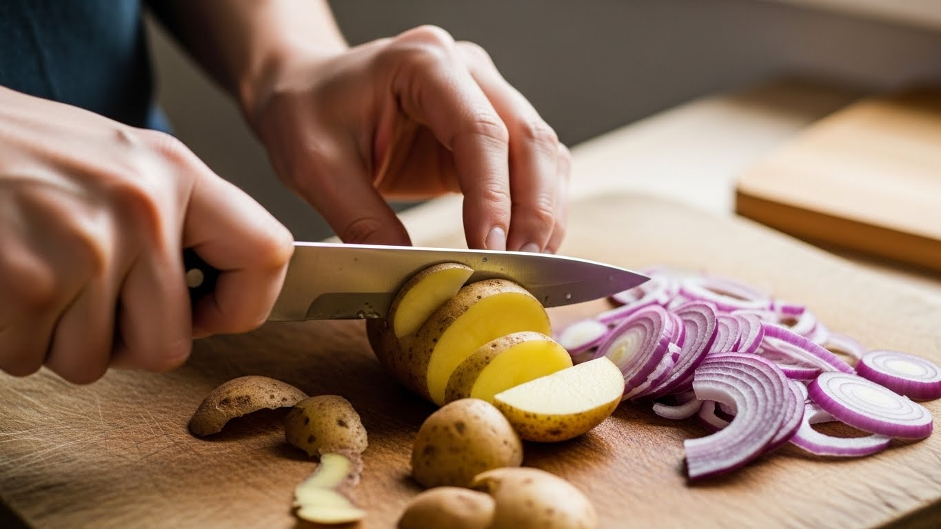 닭볶음탕에 들어갈 감자와 양파를 손질하는 과정