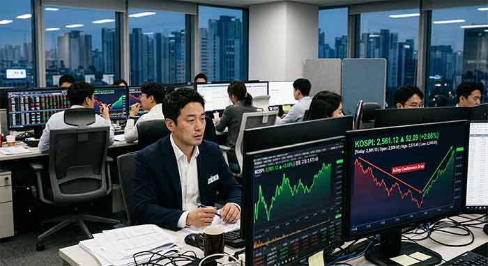 5거래일 연속 하락 후 2.08% 반등한 코스피 그래프 화면과 증권가 사무실 현장.