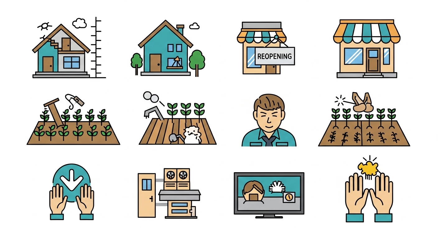 다양한 재난 피해 유형별(주택, 상점, 농작물)로 지원되는 재난지원금 혜택을 시각화한 아이콘 모음.