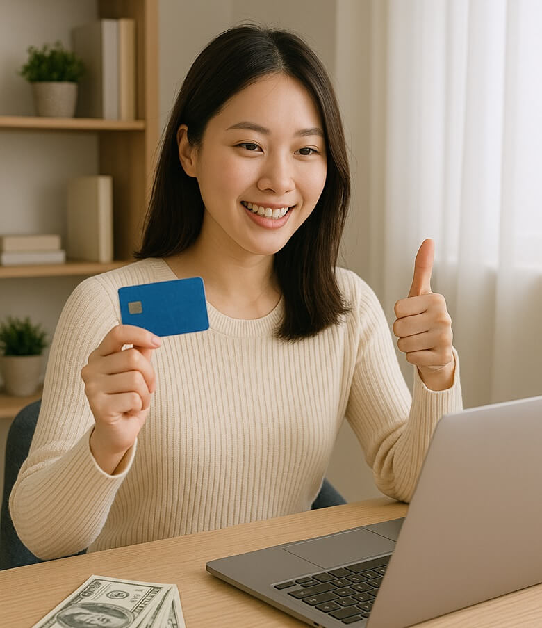 환급 카드와 현금을 들고 홈택스로 종합소득세 신고 중인 프리랜서 여성