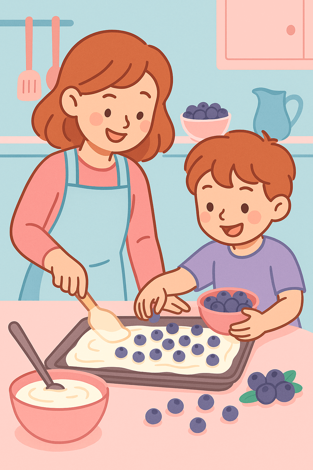 블루베리 요거트바크 만드는 장면, 아이들과 함께 요리하는 따뜻하고 사랑스러운 분위기
