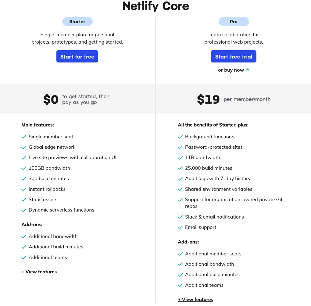 Netlify Pricing 플랜별 가격표