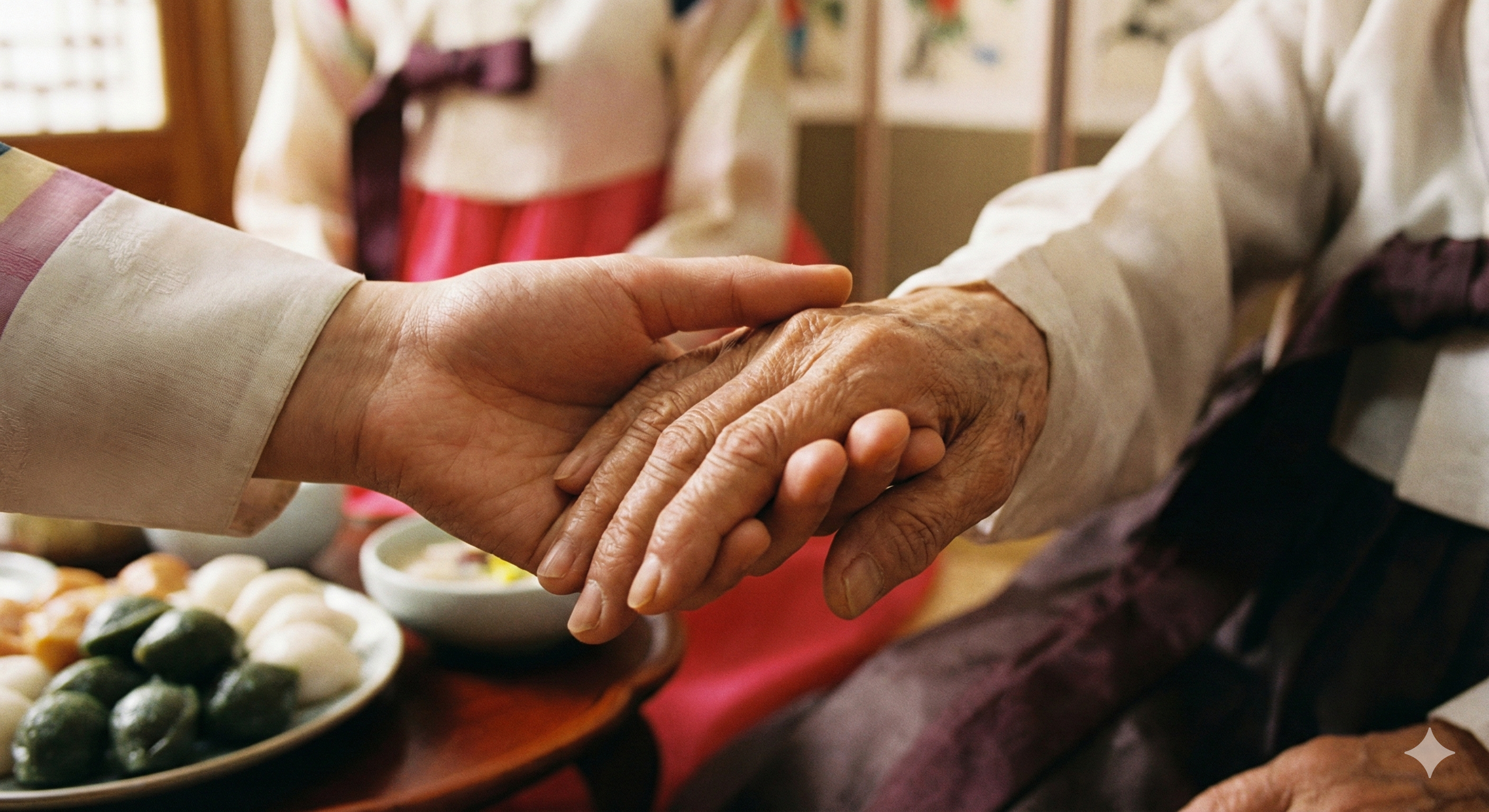 설 명절 분위기 속에서 부모님의 손을 따뜻하게 맞잡은 자녀의 손