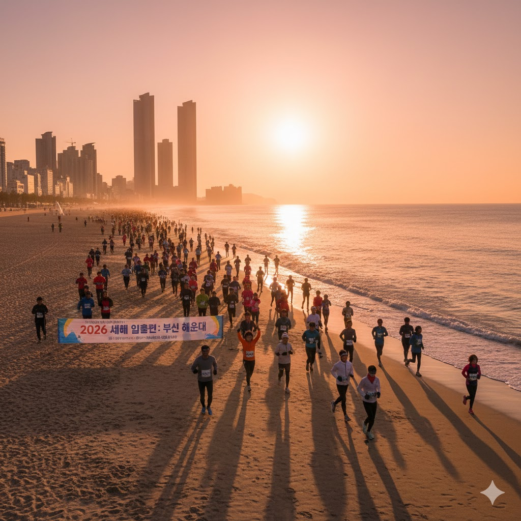 일출을 배경으로 해운대 해변을 달리는 러너