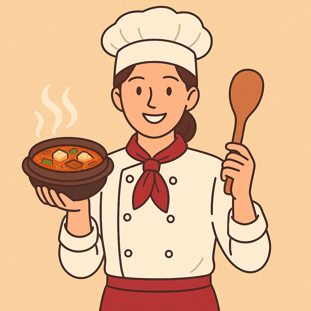 조리복과 흰색 셰프모를 착용한 한국 여성 셰프가 따뜻한 미소를 지으며 김이 나는 뚝배기 찌개를 들고 있다. 반대 손에는 나무 주걱을 들고 있으며, 전체 배경은 부드러운 베이지 톤이다.