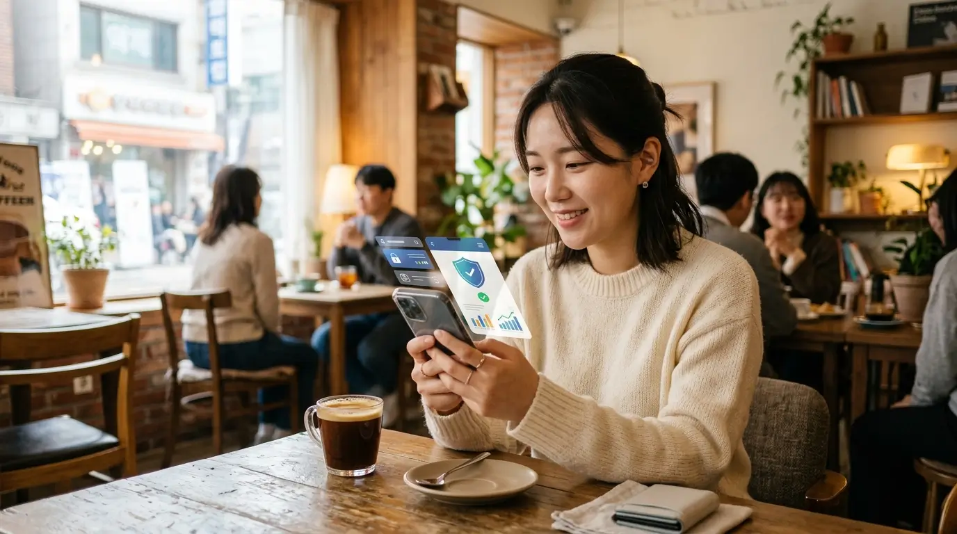 밝고 안전한 핀테크 결제 플랫폼을 통해 스마트폰으로 소액 비상금 환전을 진행하며 안도하는 20대 여성의 일상적인 장면
