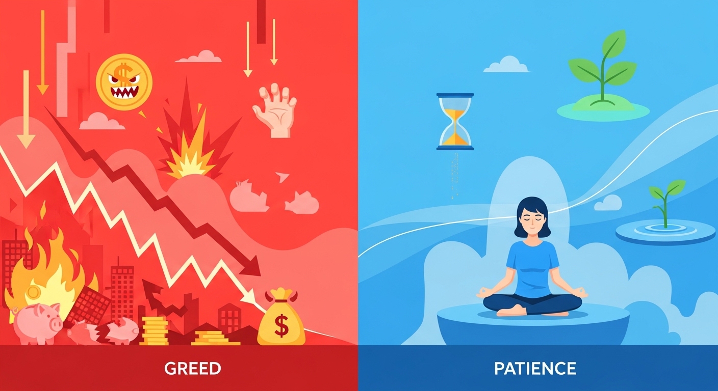 불타오르는 시장 차트 앞에서 고민하는 투자자와 '냉정함'을 상징하는 얼음 아이콘이 대비되는 모습